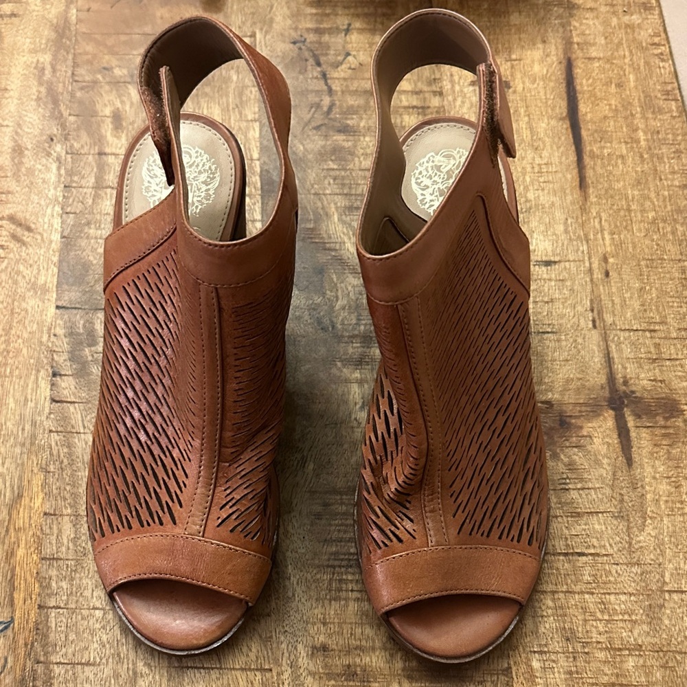 Vince Camuto Tan Laser-Cut Open-Toe Slingback Heels